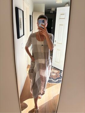 Banana Blue Australia 100% Linen Gingham Plaid Lagenlook Balloon Midi Dress XS